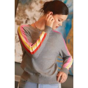 THML Gray Rainbow Sleeve Stripe Crew Sweater, S